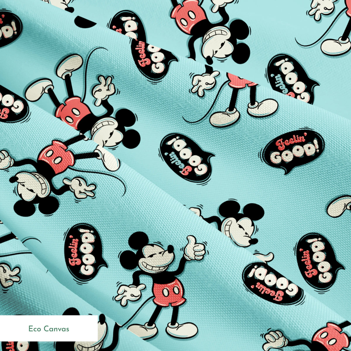 Mickey Mouse pattern on teal background with cartoon characters and "Gosh!" speech bubbles springs ecocanvas texture