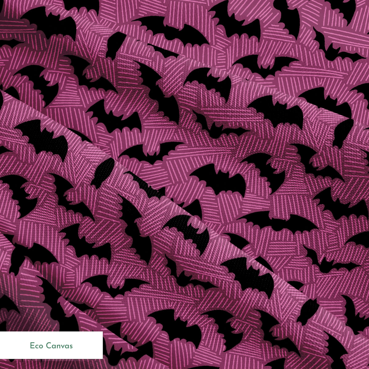Black bat silhouettes scattered across a purple background with swirling line pattern springs ecocanvas texture
