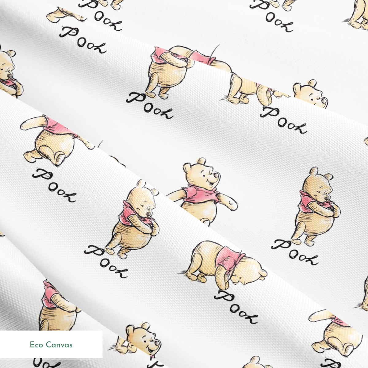 Winnie the Pooh pattern featuring cute yellow bears with red shirts in various poses, labeled "Pooh springs ecocanvas texture