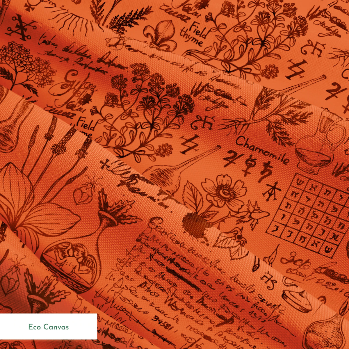 Red-orange Halloween background with vintage alchemical drawings, botanical sketches, symbols, handwritten notes, and mystical elements arranged like an ancient manuscript page. springs ecocanvas texture