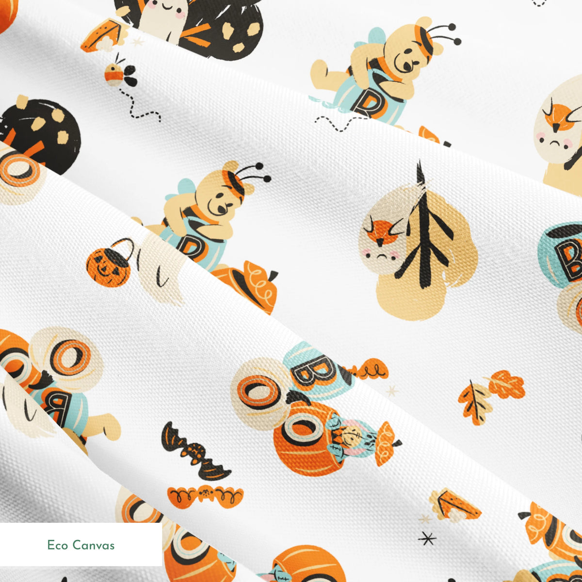Halloween-themed pattern with Winnie the Pooh characters, pumpkins, and autumn motifs in orange, teal and black on white background. springs ecocanvas texture