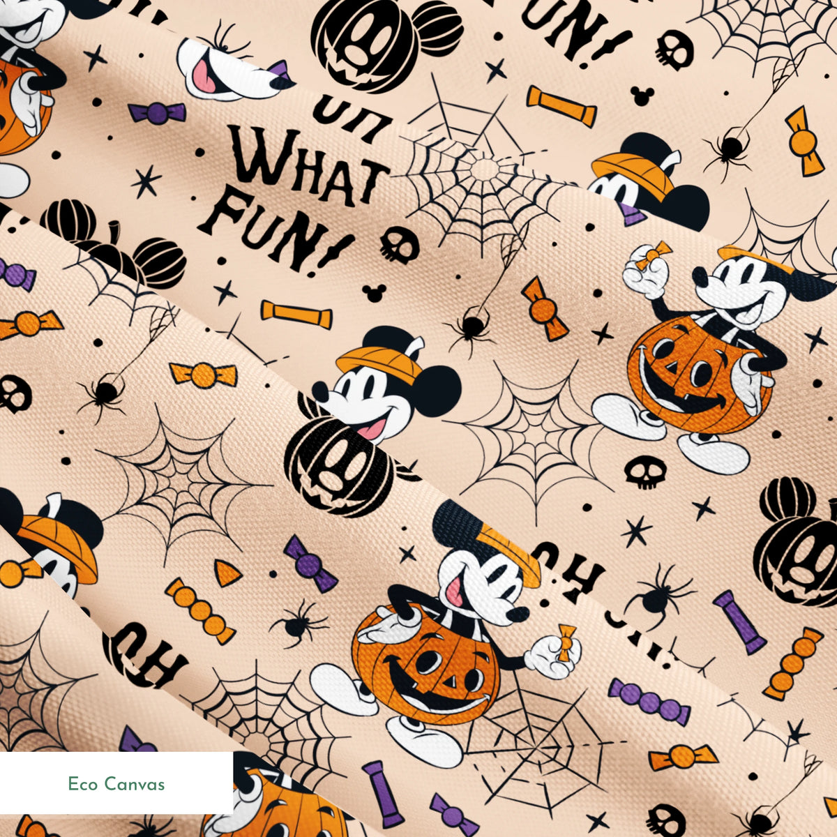 Halloween Mickey Mouse pattern with "OH WHAT FUN!" text, pumpkins, spiderwebs, and candy on beige background springs ecocanvas texture