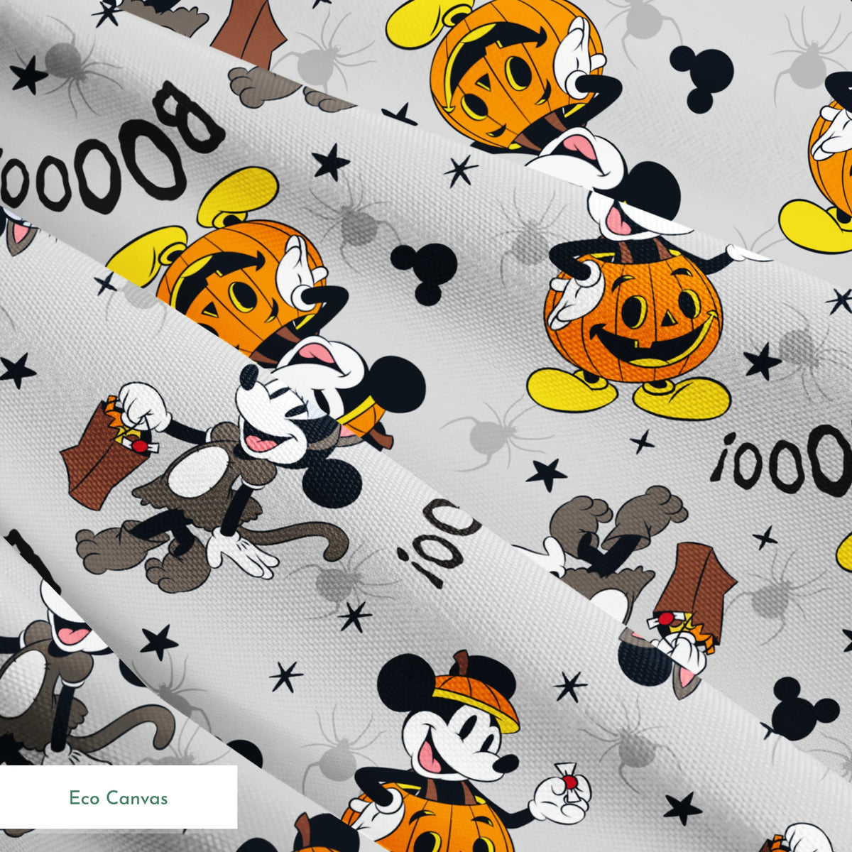 Mickey Mouse Halloween pattern with pumpkins, spiders, bats, "BOO!" text on gray background springs ecocanvas texture
