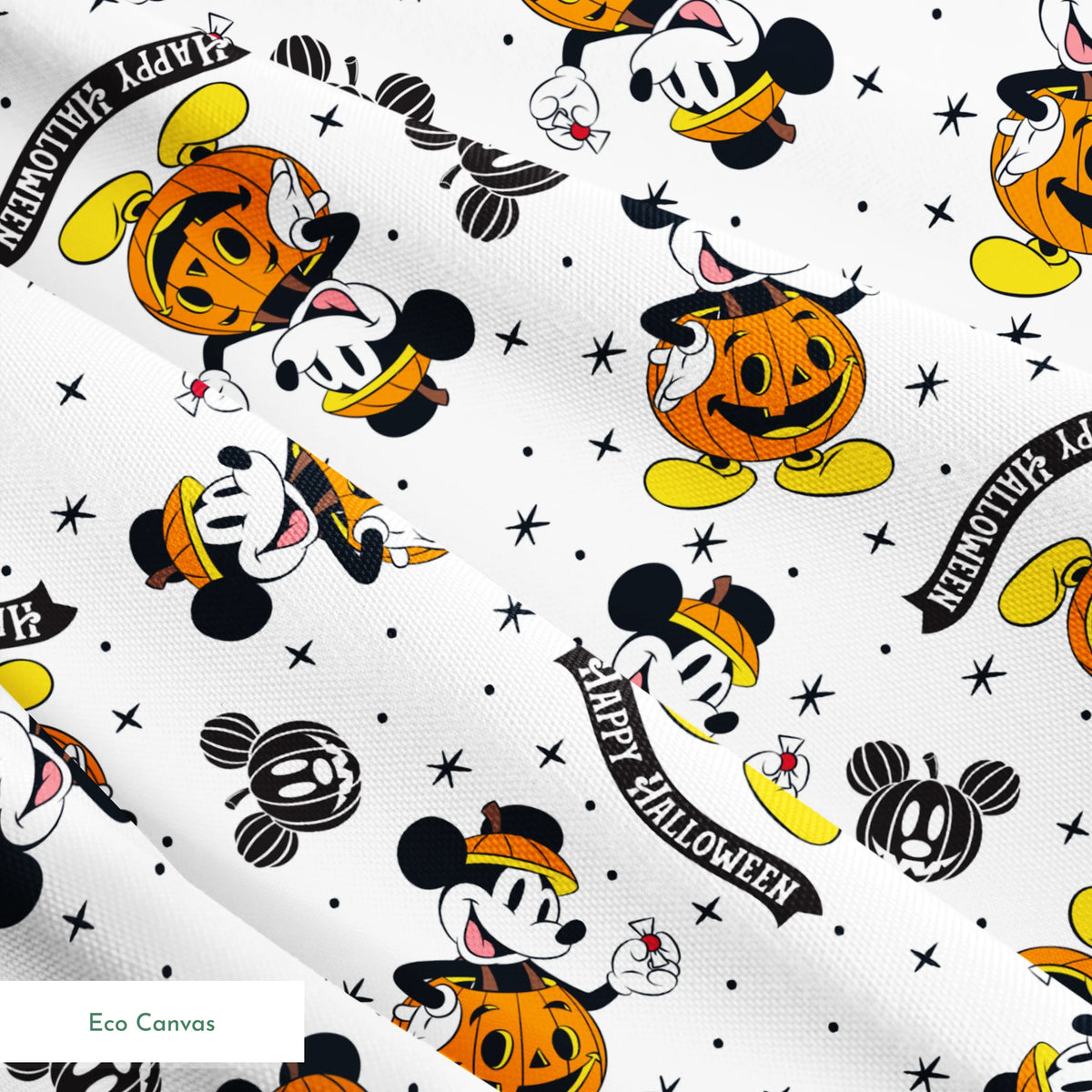Mickey Mouse Halloween pattern dressed as pumpkins on white background with stars and "Happy Halloween" text springs ecocanvas texture