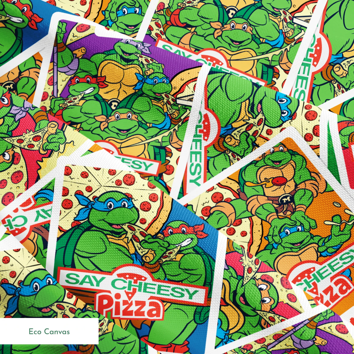 Scattered vintage Teenage Mutant Ninja Turtles trading cards with colorful comic-style artwork springs ecocanvas texture