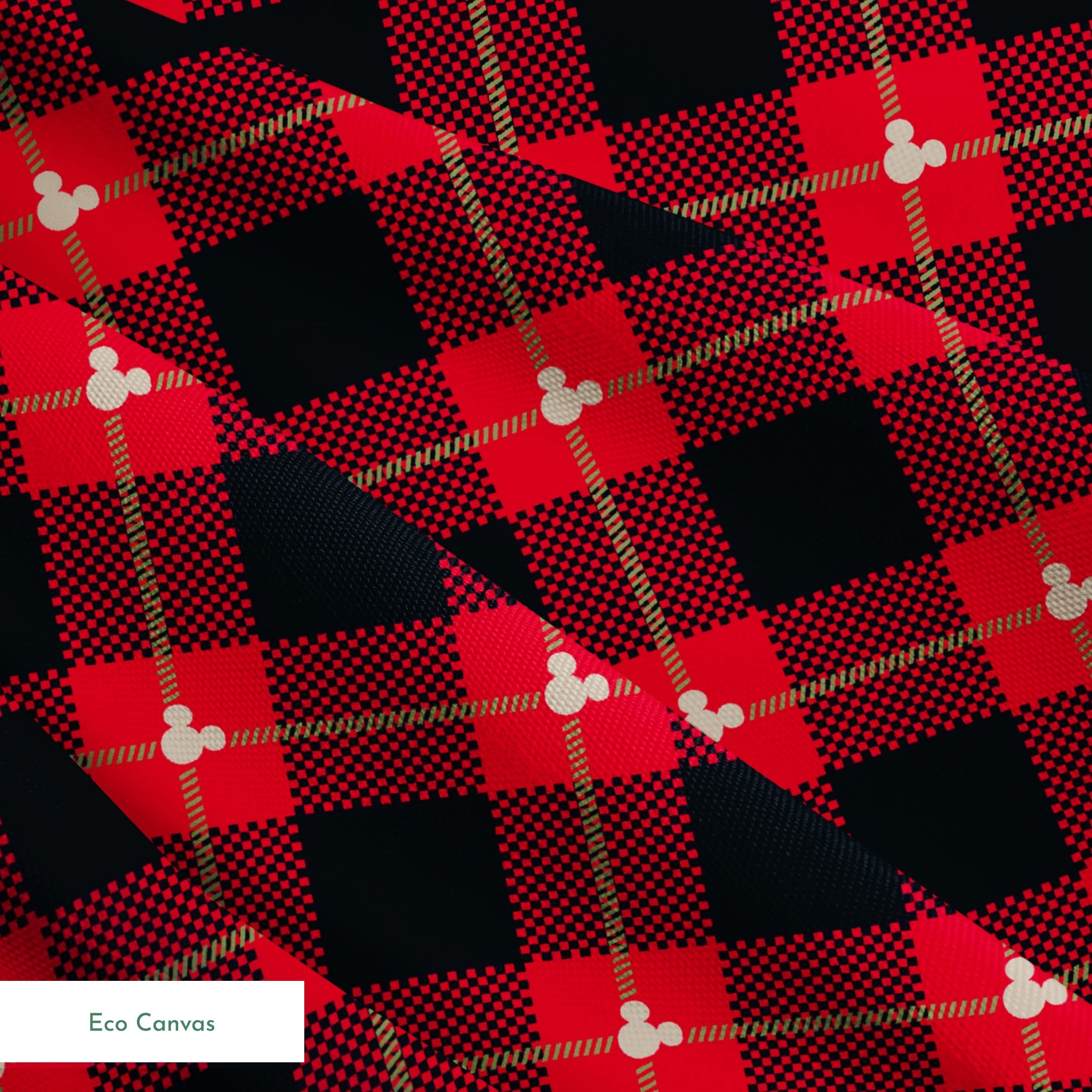 Red and black plaid pattern with diagonal gold stripes and small Mickey Mouse silhouettes springs ecocanvas texture