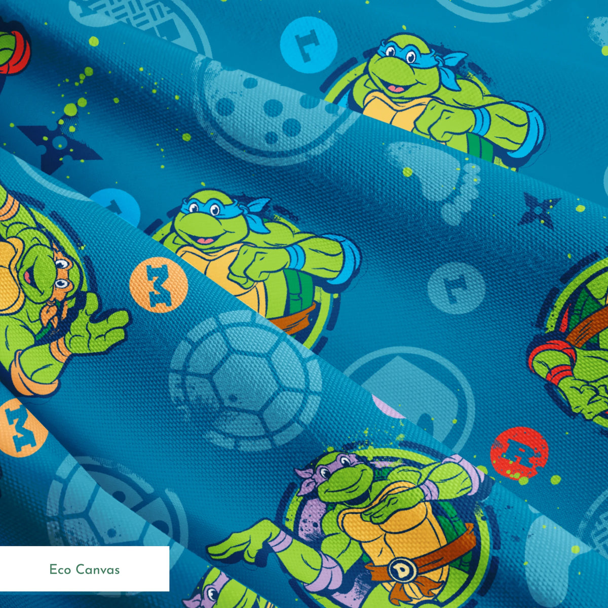 Teenage Mutant Ninja Turtles in circular medallions on teal background with subtle geometric patterns springs ecocanvas texture