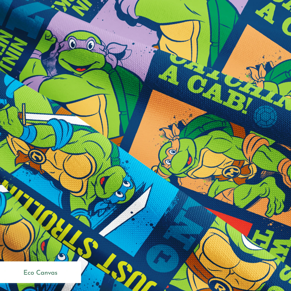Teenage Mutant Ninja Turtles comic-style panels with characters in action poses and phrases like "Catchin' a Cab!" and "On the Lookout for Pizza! springs ecocanvas texture