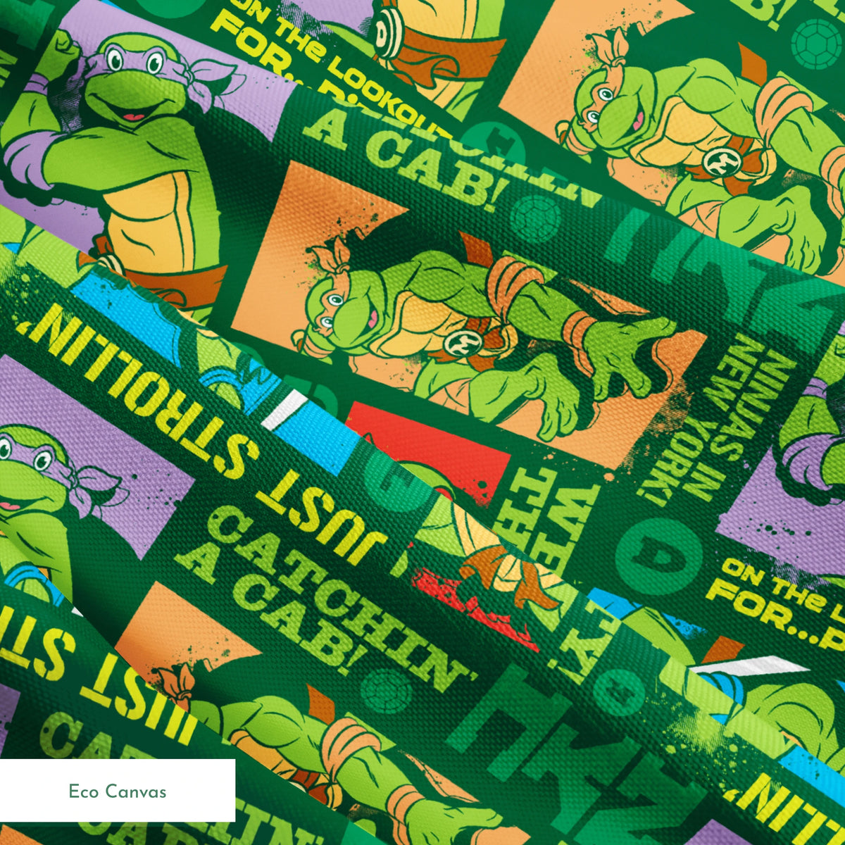 Teenage Mutant Ninja Turtles comic-style panels with phrases like "Catchin' a cab!" and "On the lookout for pizza!" on green background springs ecocanvas texture