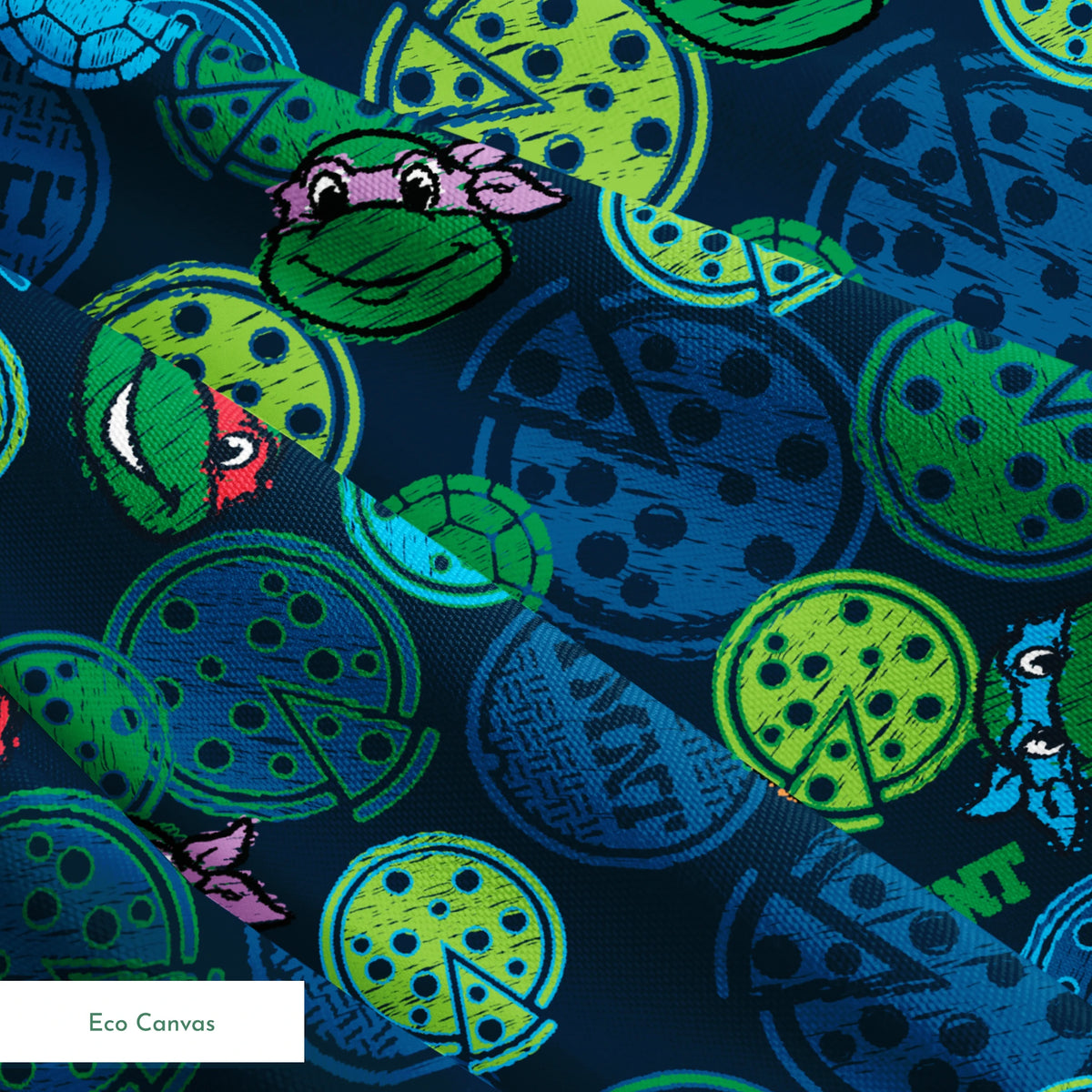 Teenage Mutant Ninja Turtles pattern with cartoon character heads and green/blue pizza circles springs ecocanvas texture