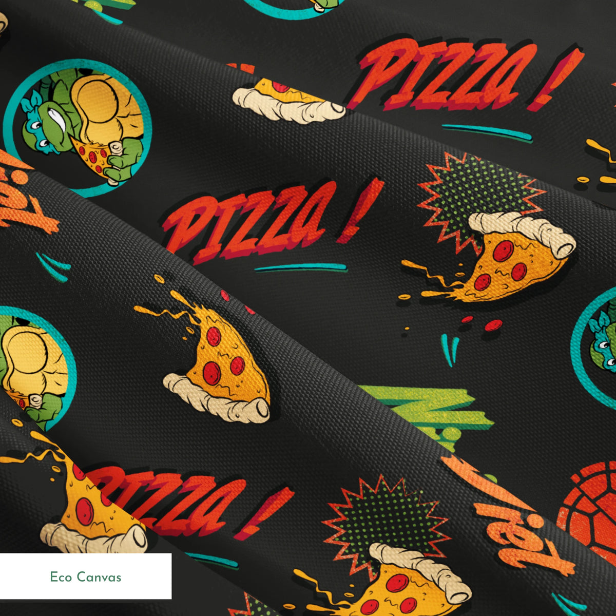 Colorful cartoon pizza pattern with "Pizza!" text, Teenage Mutant Ninja Turtles in circles, and decorative elements on dark background. springs ecocanvas texture