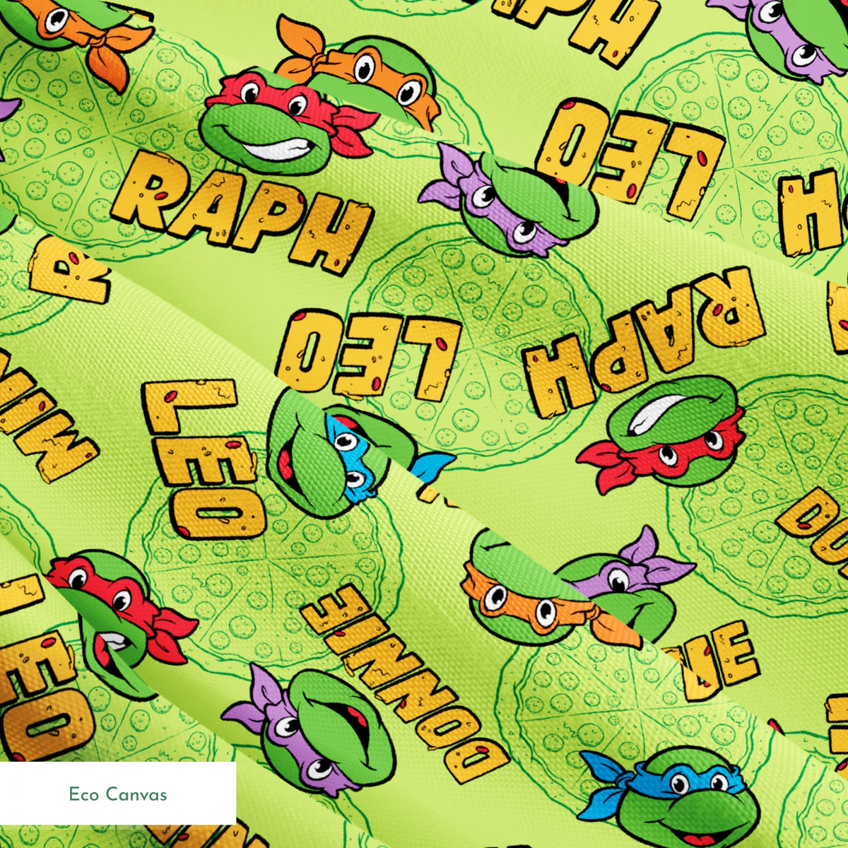 Teenage Mutant Ninja Turtles pattern with cartoon faces, names, and colorful masks on green background springs ecocanvas texture