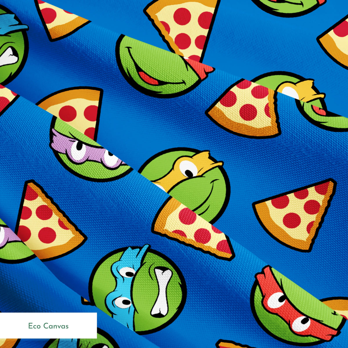 Teenage Mutant Ninja Turtle faces with colored masks and pizza slices pattern on blue background springs ecocanvas texture