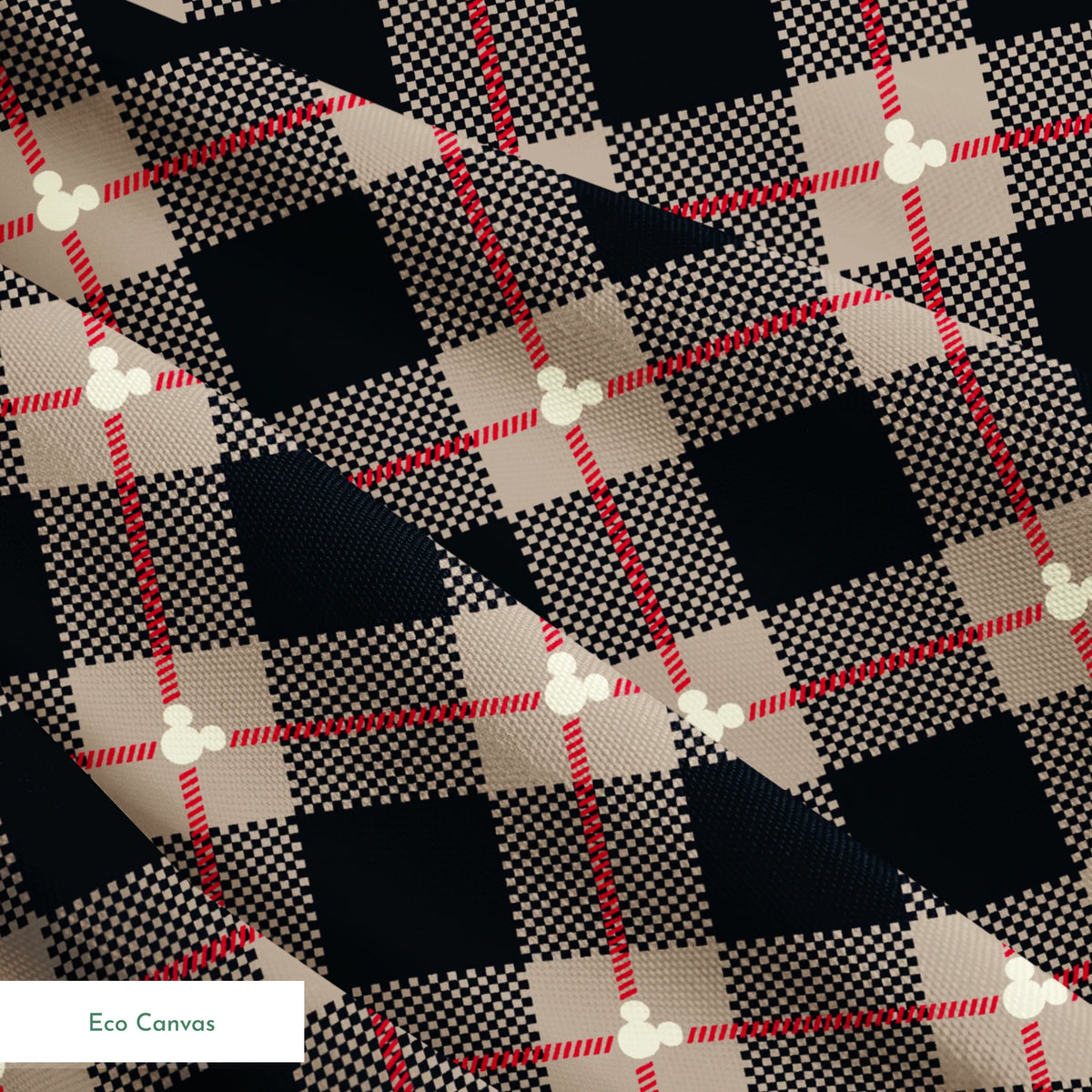 Diagonal plaid pattern with navy, beige, red stripes, checkered sections and small white circular details springs ecocanvas texture