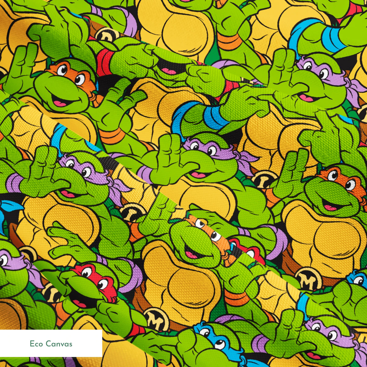 Colorful pattern of cartoon Teenage Mutant Ninja Turtles with green skin and yellow shells springs ecocanvas texture