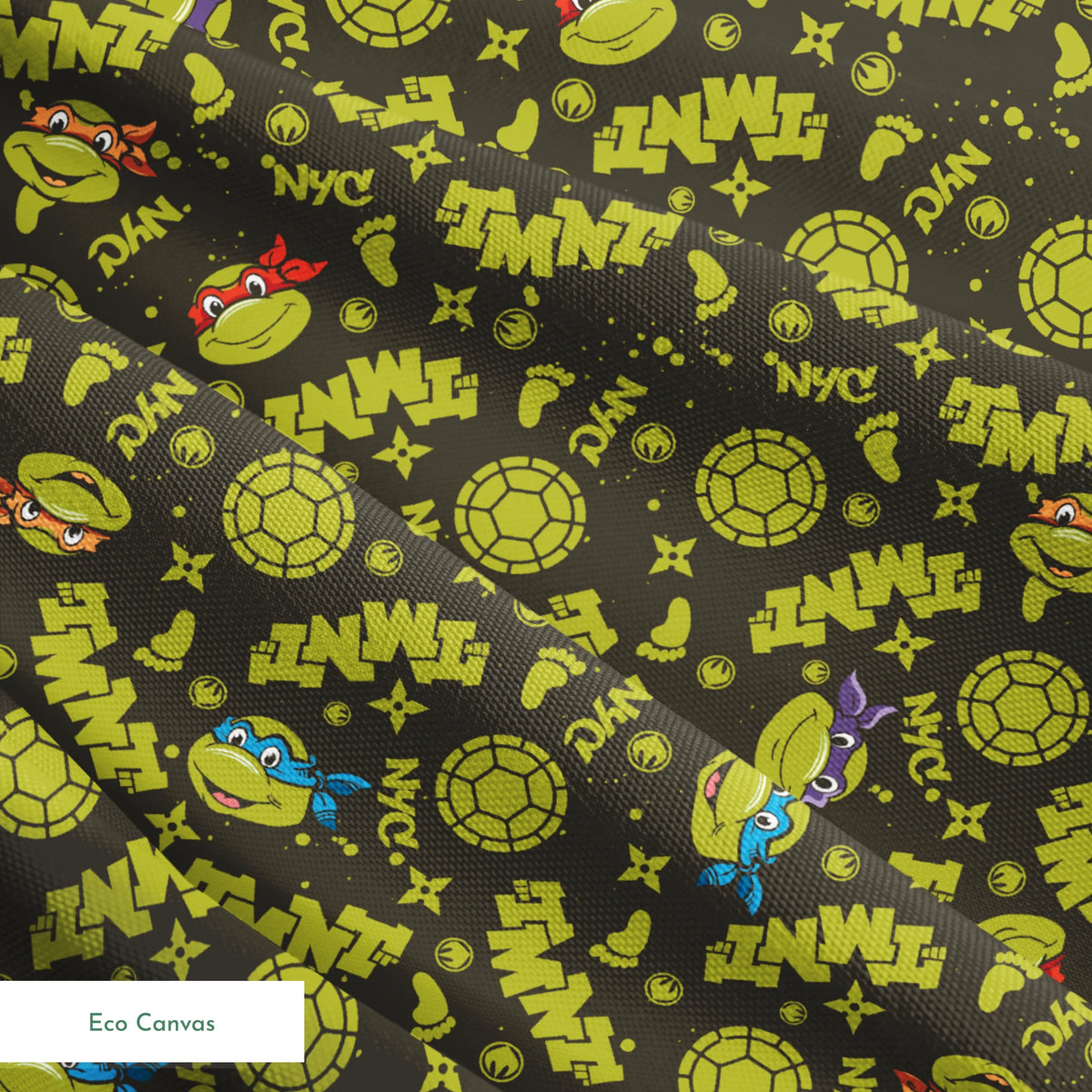 Pattern of Teenage Mutant Ninja Turtles with "TMNT" text on dark background springs ecocanvas texture