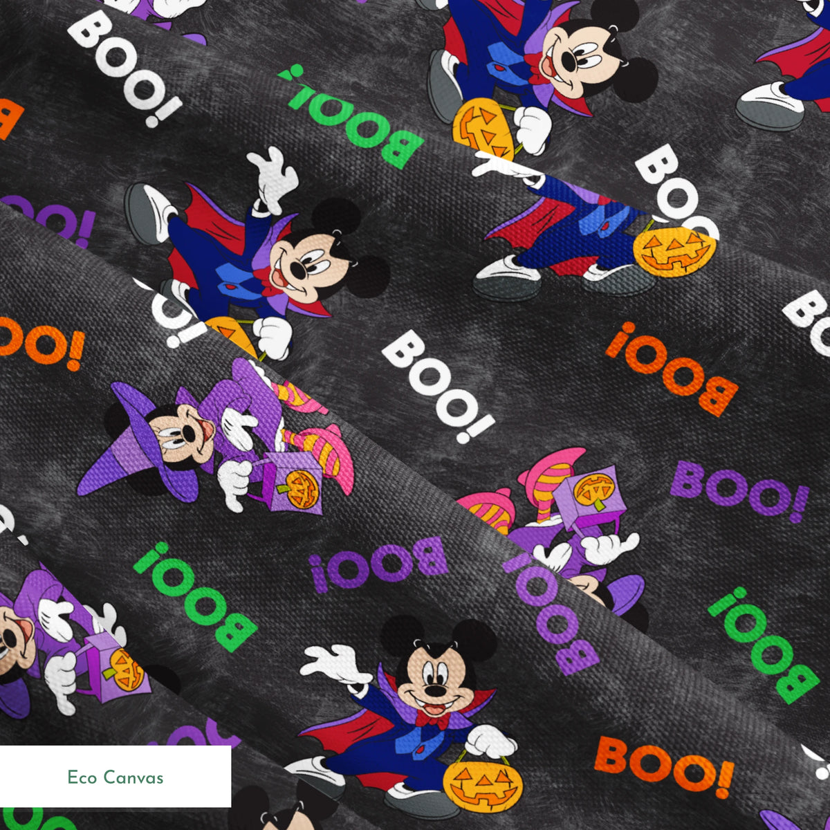 Halloween themed pattern with Disney characters in costumes, pumpkins, and colorful "BOO!" text on dark gray background. springs ecocanvas texture