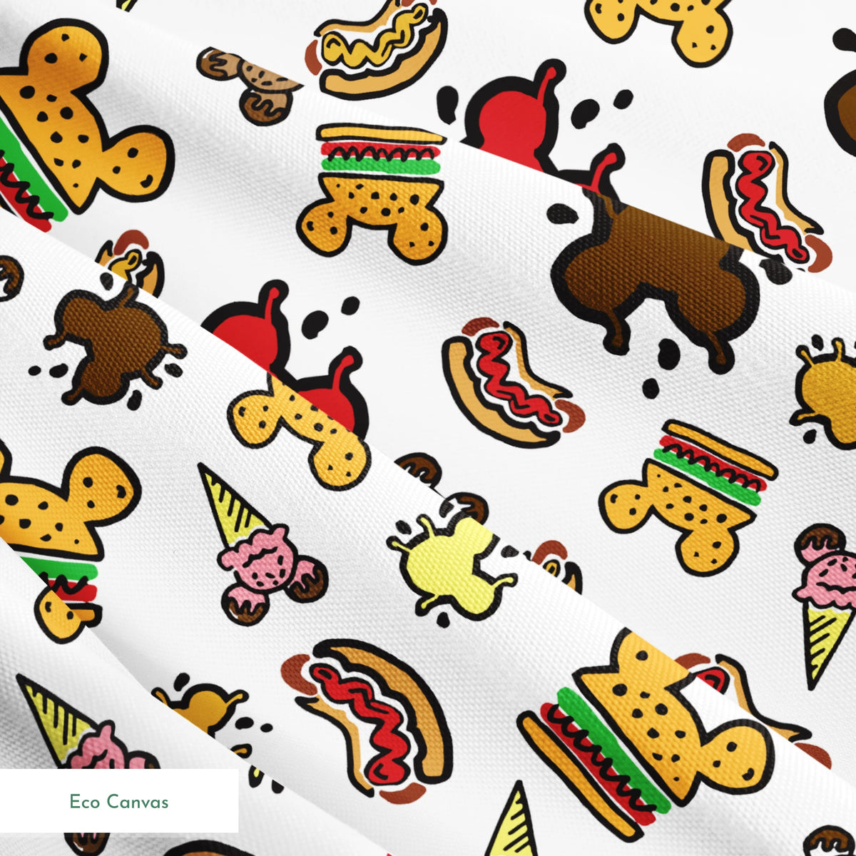Colorful Disney theme park food icons including Mickey-shaped burgers, ice cream cones, hot dogs and apples on white background springs ecocanvas texture