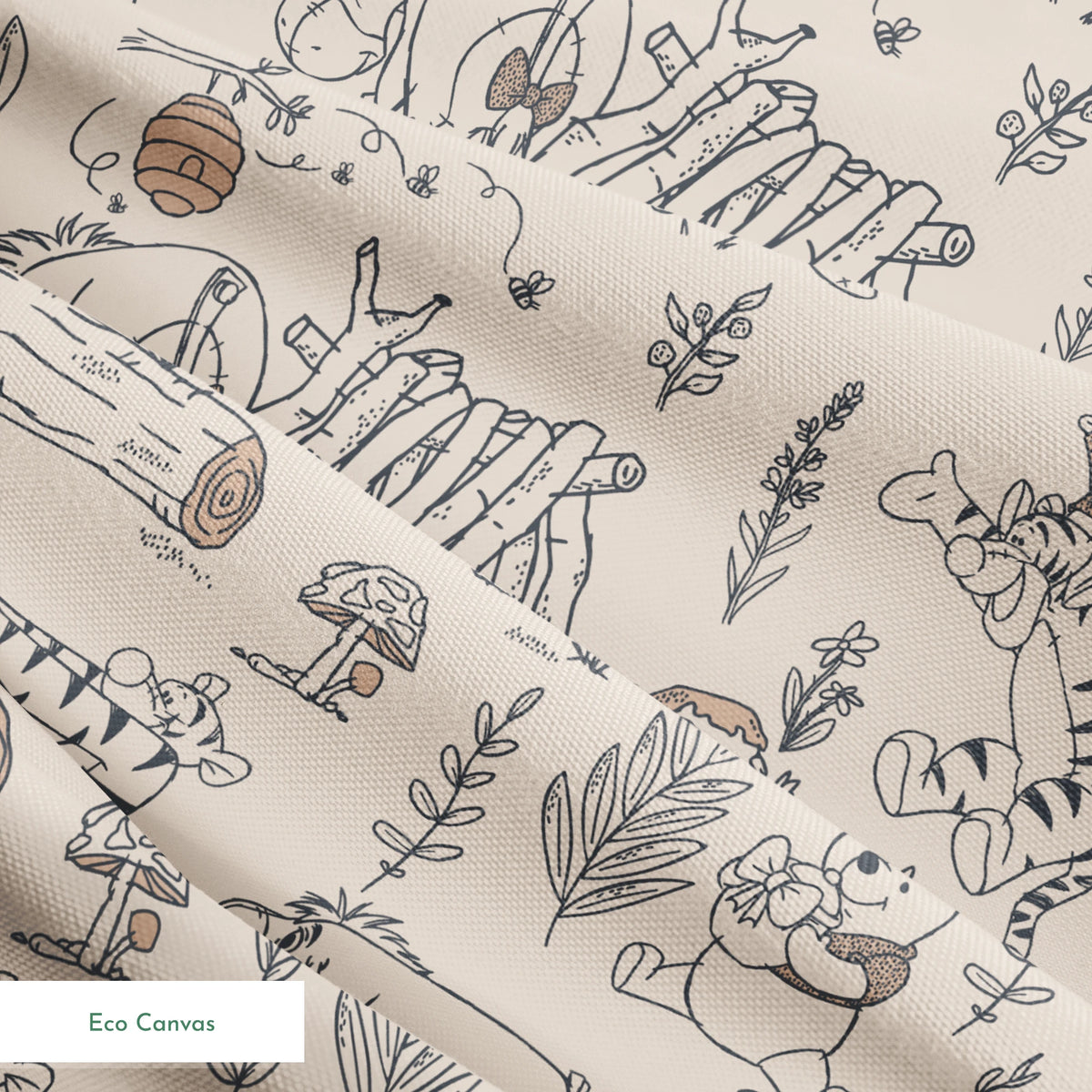Whimsical illustrated pattern of woodland animals, logs, and plants in black line art on beige background springs ecocanvas texture