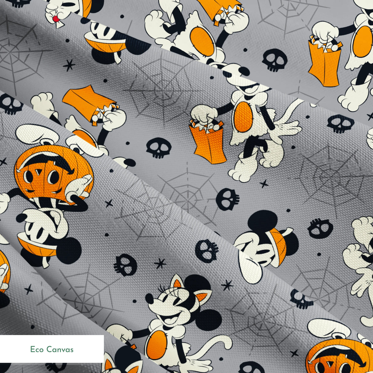 Cartoon dog characters in Halloween costumes with pumpkins on gray background with spider webs and skulls springs ecocanvas texture