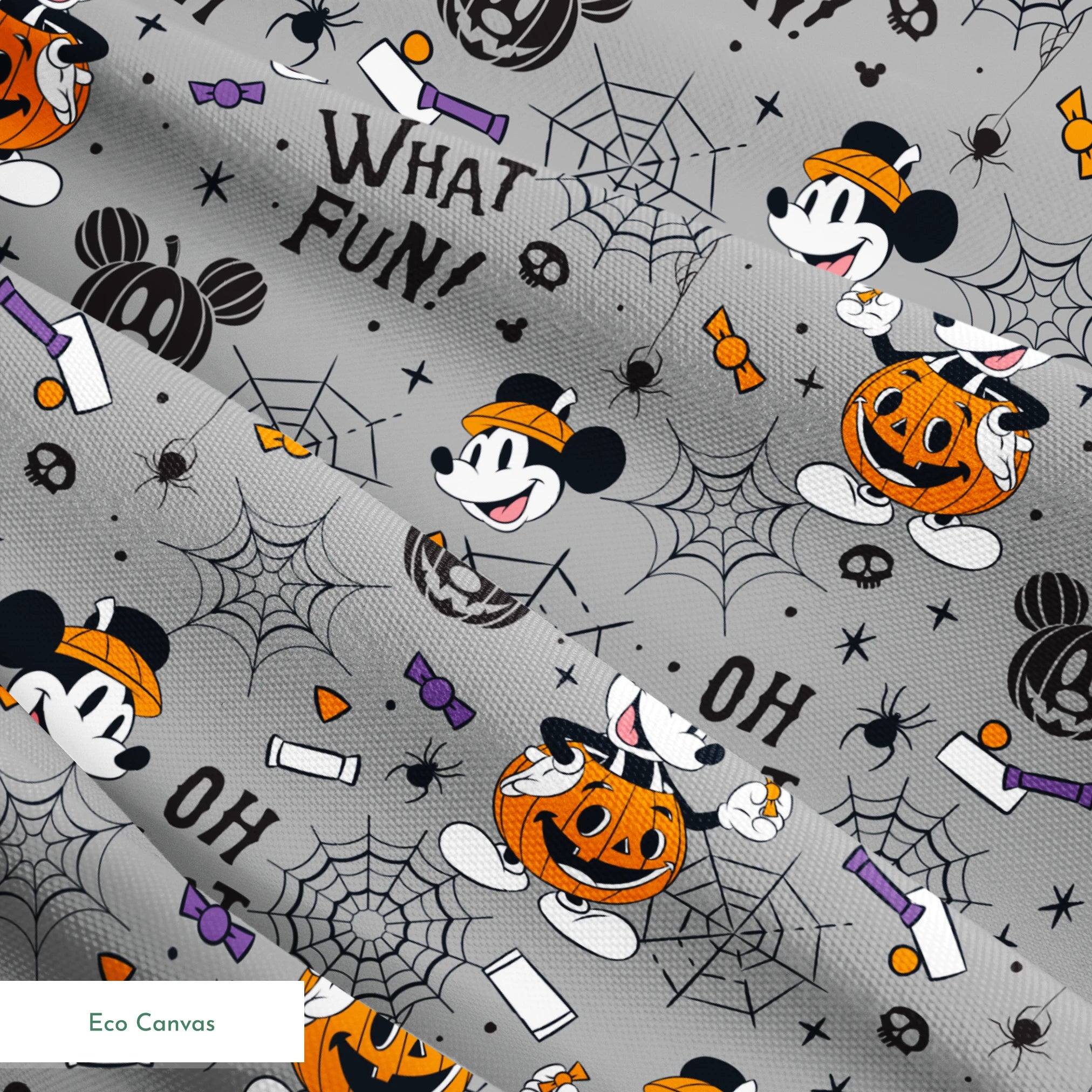 Halloween pattern with Mickey Mouse characters, pumpkins, spider webs, and "Oh What Fun!" text on gray background springs ecocanvas texture