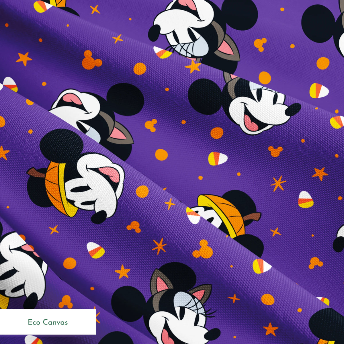 Mickey Mouse Halloween pattern with candy corn and stars on purple background springs ecocanvas texture