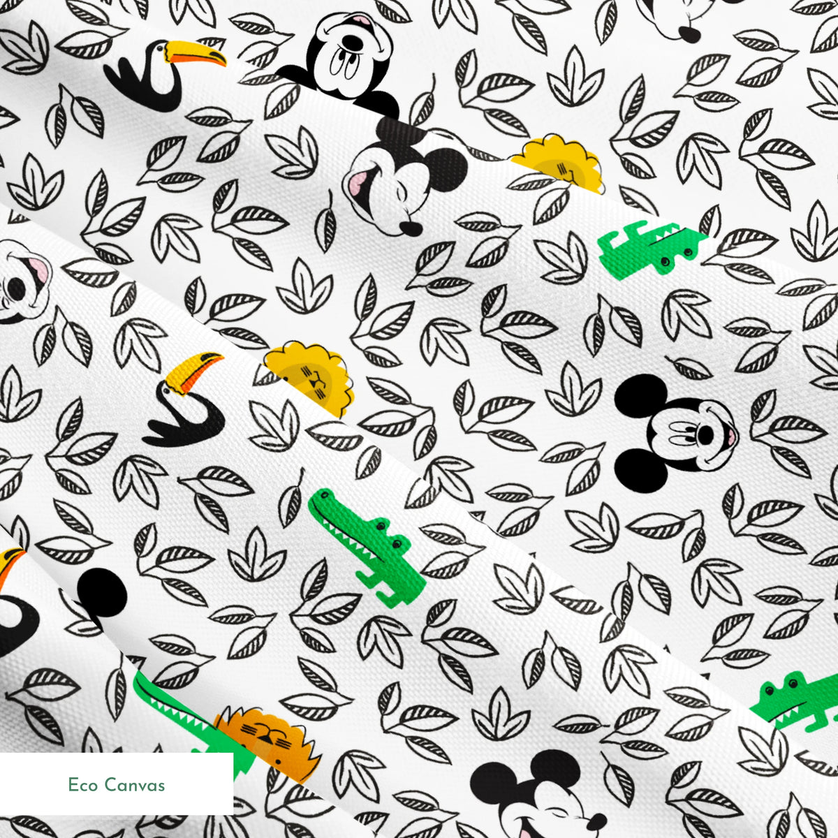 Pattern of cartoon Mickey Mouse silhouettes with yellow honeycomb, green bamboo, and black and white leaves springs ecocanvas texture