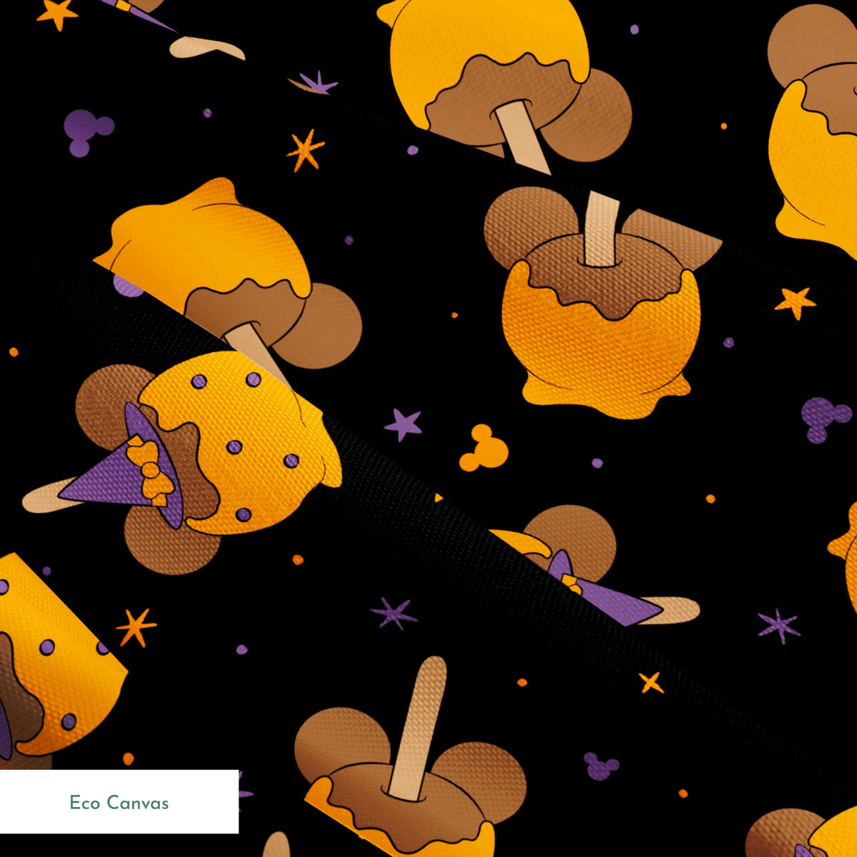 Disney-inspired caramel apples and candy apples floating in a space-like black background with purple stars. springs ecocanvas texture