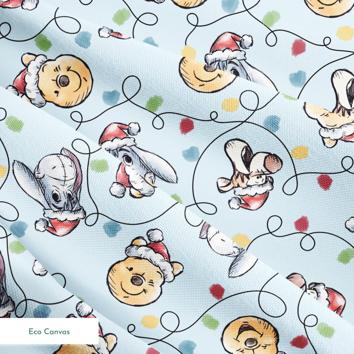 Winnie the Pooh Christmas pattern with Pooh bear, Eeyore, and Tigger in Santa hats on blue background springs ecocanvas texture
