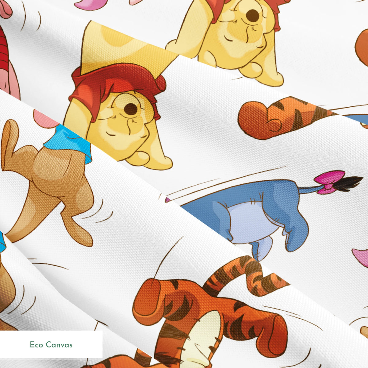 Colorful pattern featuring Winnie the Pooh characters jumping and bouncing on white background springs ecocanvas texture