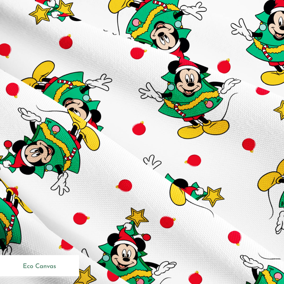 Mickey Mouse in a Christmas tree costume and stars on white background with red dots springs ecocanvas texture