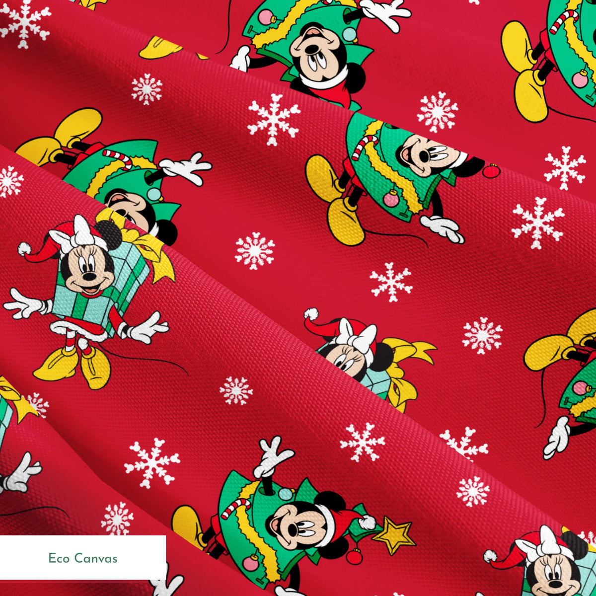 Disney characters in holiday outfits on red background with white snowflakes springs ecocanvas texture