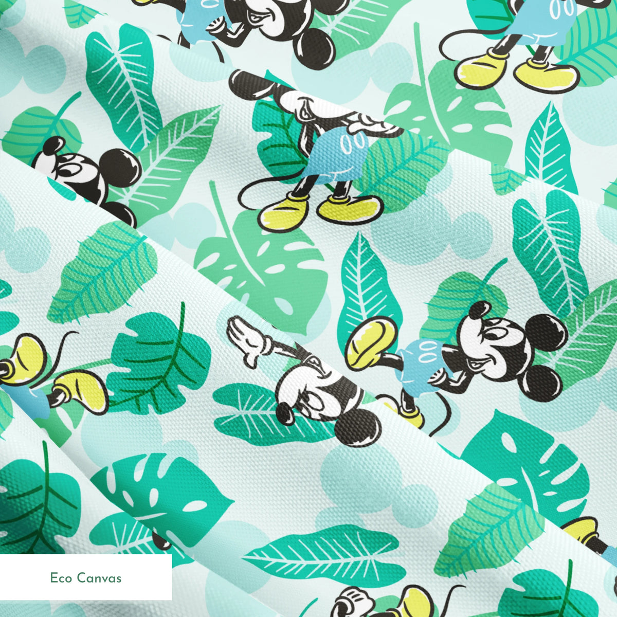 Colorful pattern with cartoon mice characters and tropical green leaves on a light blue background springs ecocanvas texture