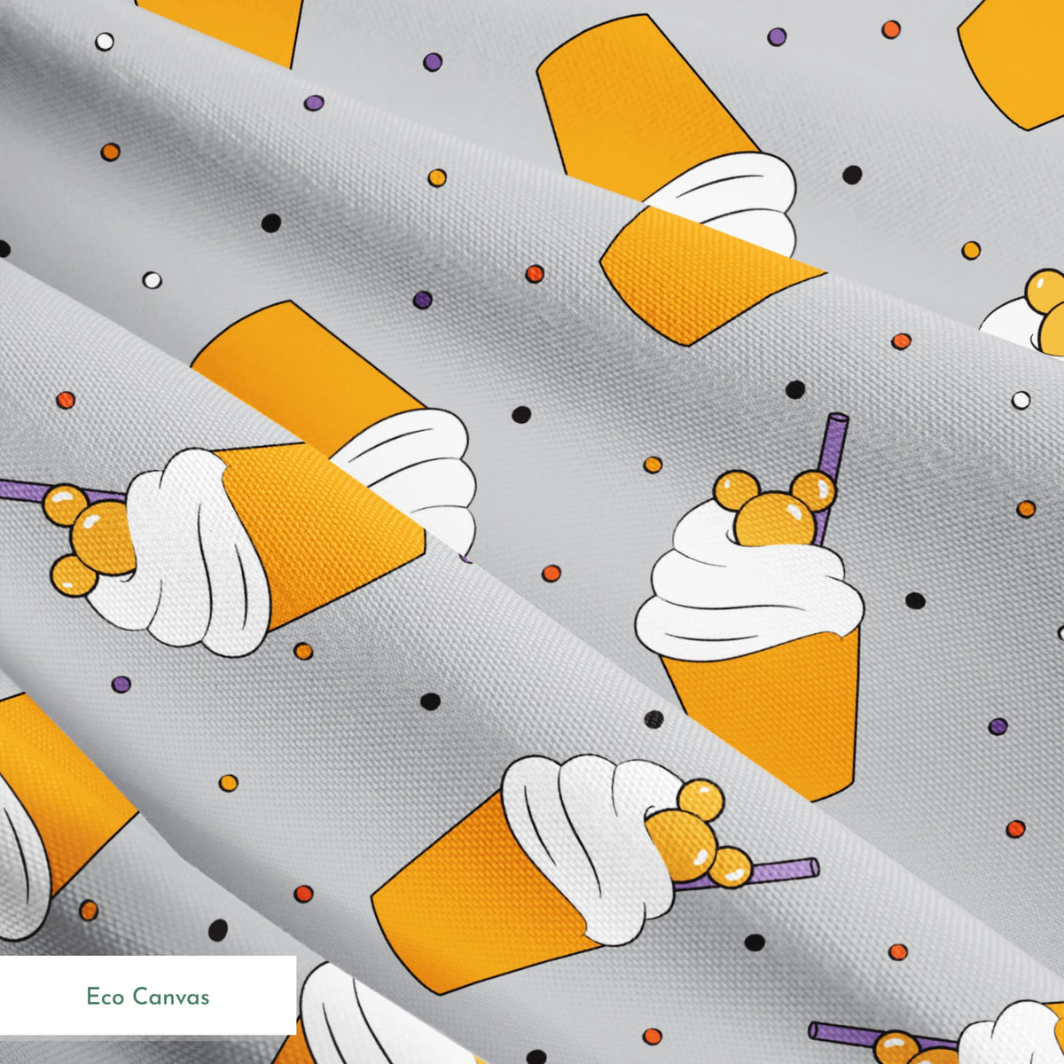 Orange Disney-inspired drinks with whipped cream and purple straws on gray background with colorful dots springs ecocanvas texture