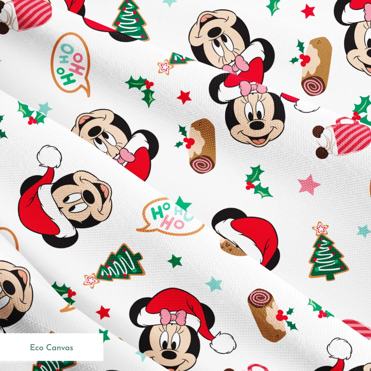 Mickey Mouse Christmas pattern with Santa hats, holly, speech bubbles, and festive decorations on white background springs ecocanvas texture