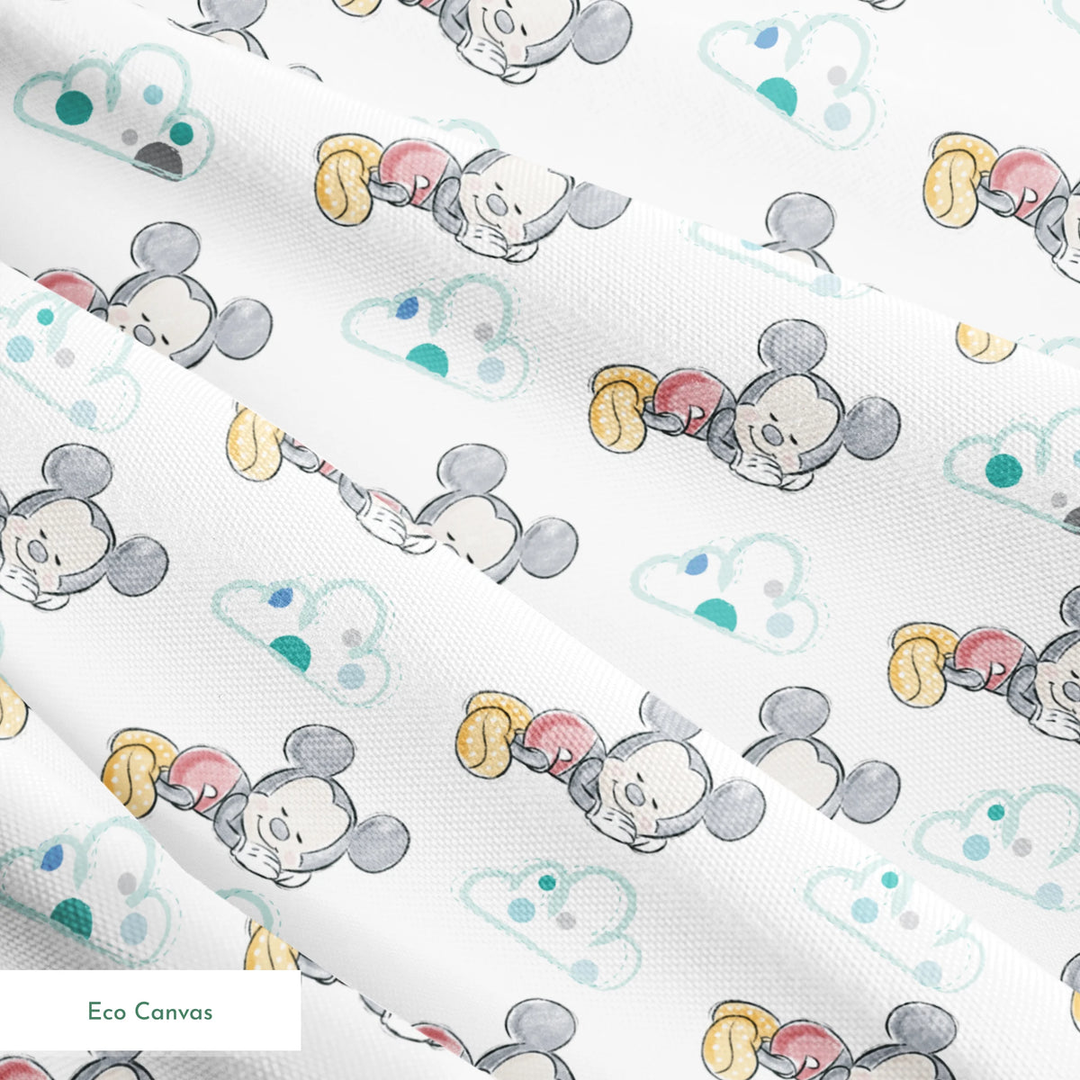 Cute cartoon mouse characters sleeping peacefully on white background with mint green clouds pattern springs ecocanvas texture