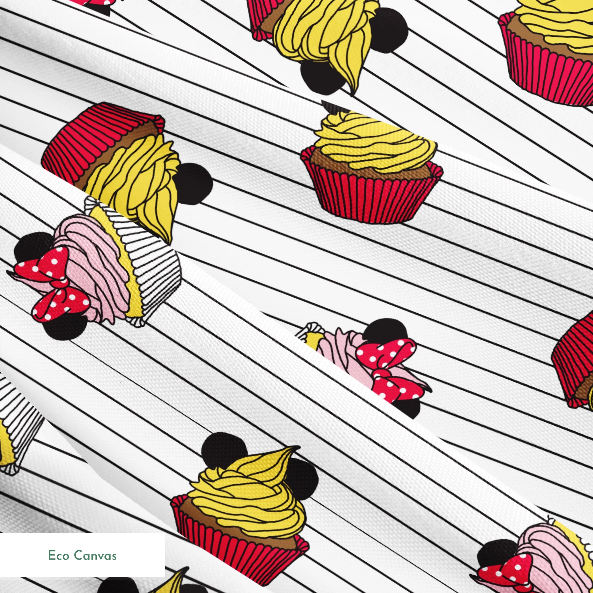 Colorful cartoon cupcakes with Mickey Mouse ears and bows scattered on striped background springs ecocanvas texture