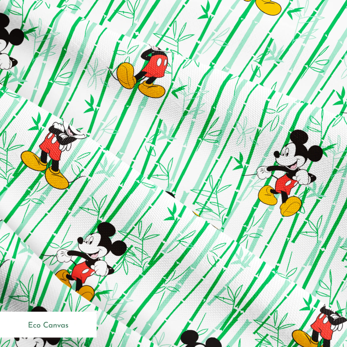 Cartoon mouse character pattern on white background with green vertical stripes springs ecocanvas texture