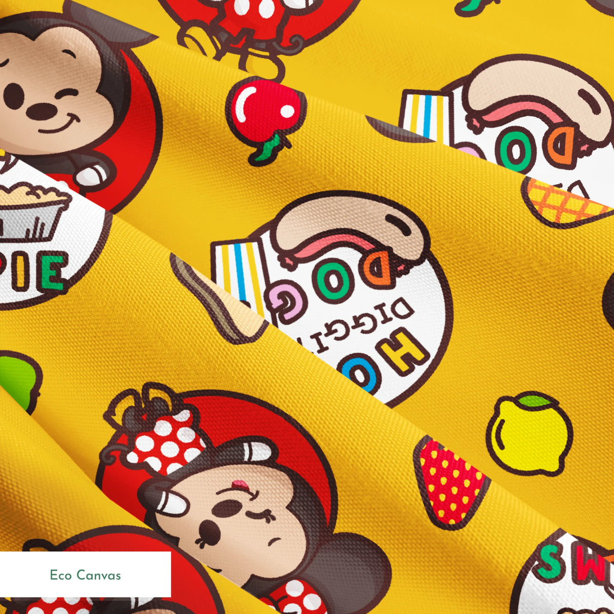 Mickey & Minnie Mouse with round badges on yellow background with fruit icons and toast patterns springs ecocanvas texture