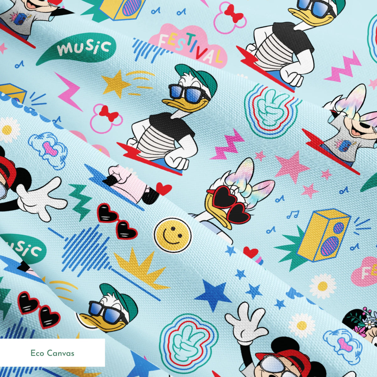 Colorful cartoon pattern with Disney characters, peace signs, stars, and music motifs on light blue background. springs ecocanvas texture
