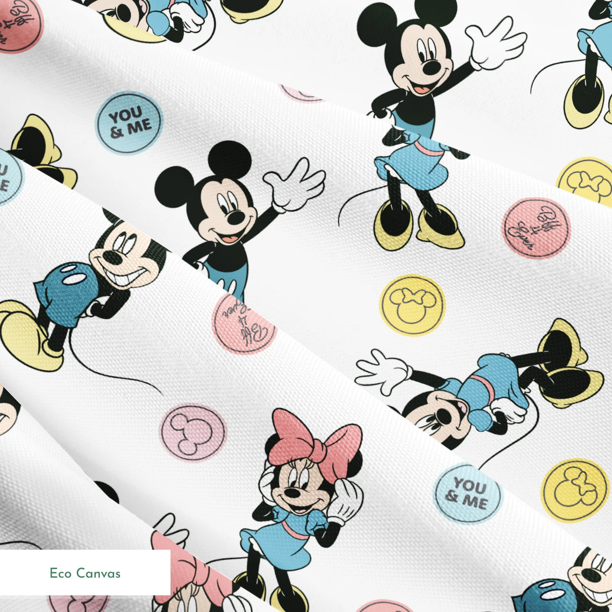 Mickey Mouse and Minnie Mouse cartoon pattern with colorful circles containing phrases on white background. springs ecocanvas texture