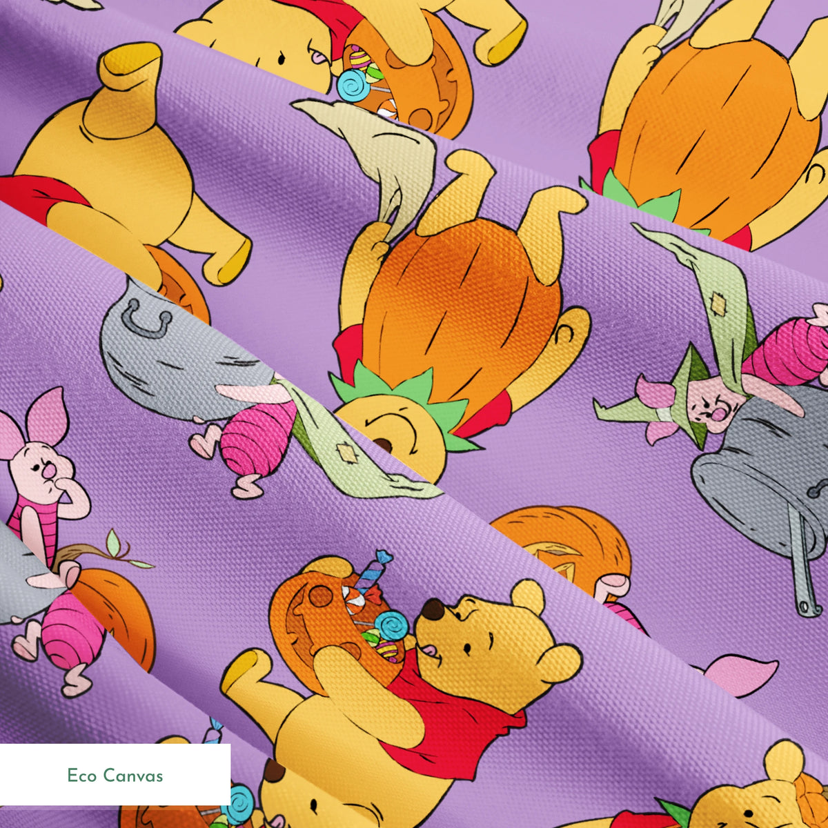 Whimsical Winnie the Pooh pattern with Piglet and Eeyore on purple background with pumpkins springs ecocanvas texture