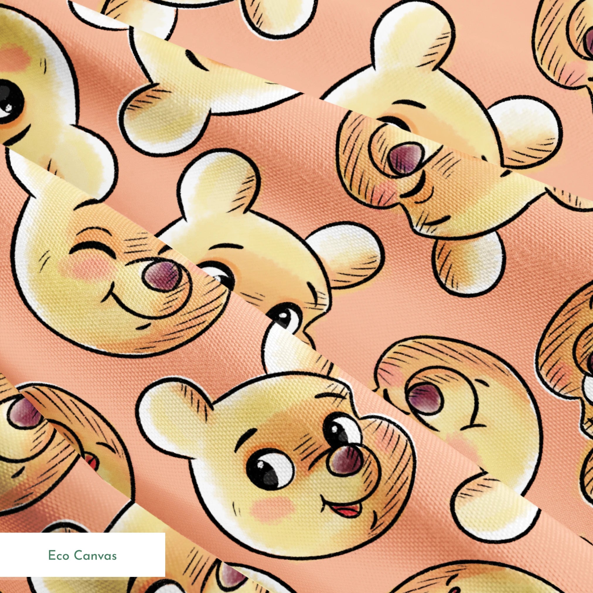 Cartoon teddy bear faces with cute expressions on peach background in repeating pattern springs ecocanvas texture