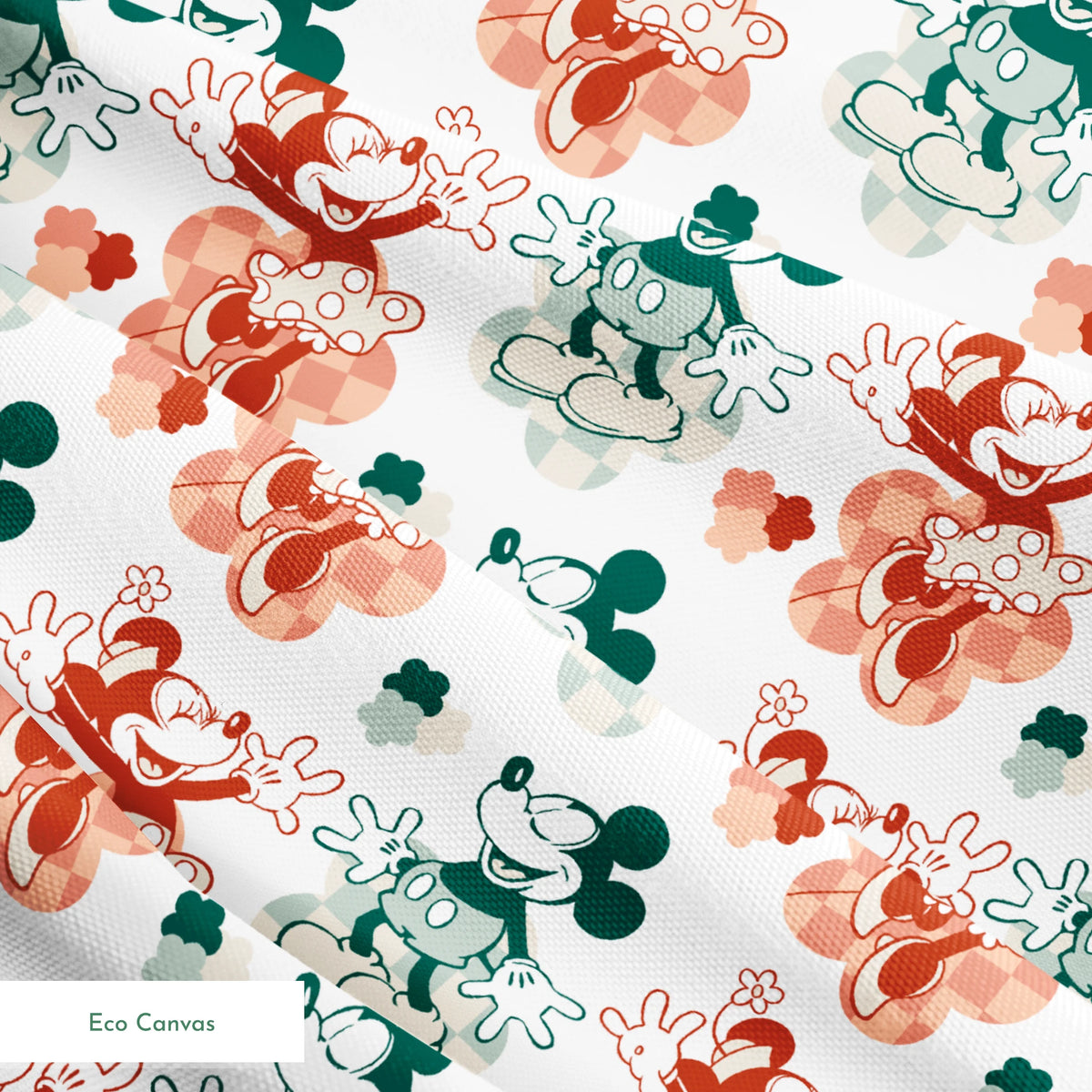 Repeating pattern of vintage-style cartoon characters in green and red-orange tones on white background springs ecocanvas texture