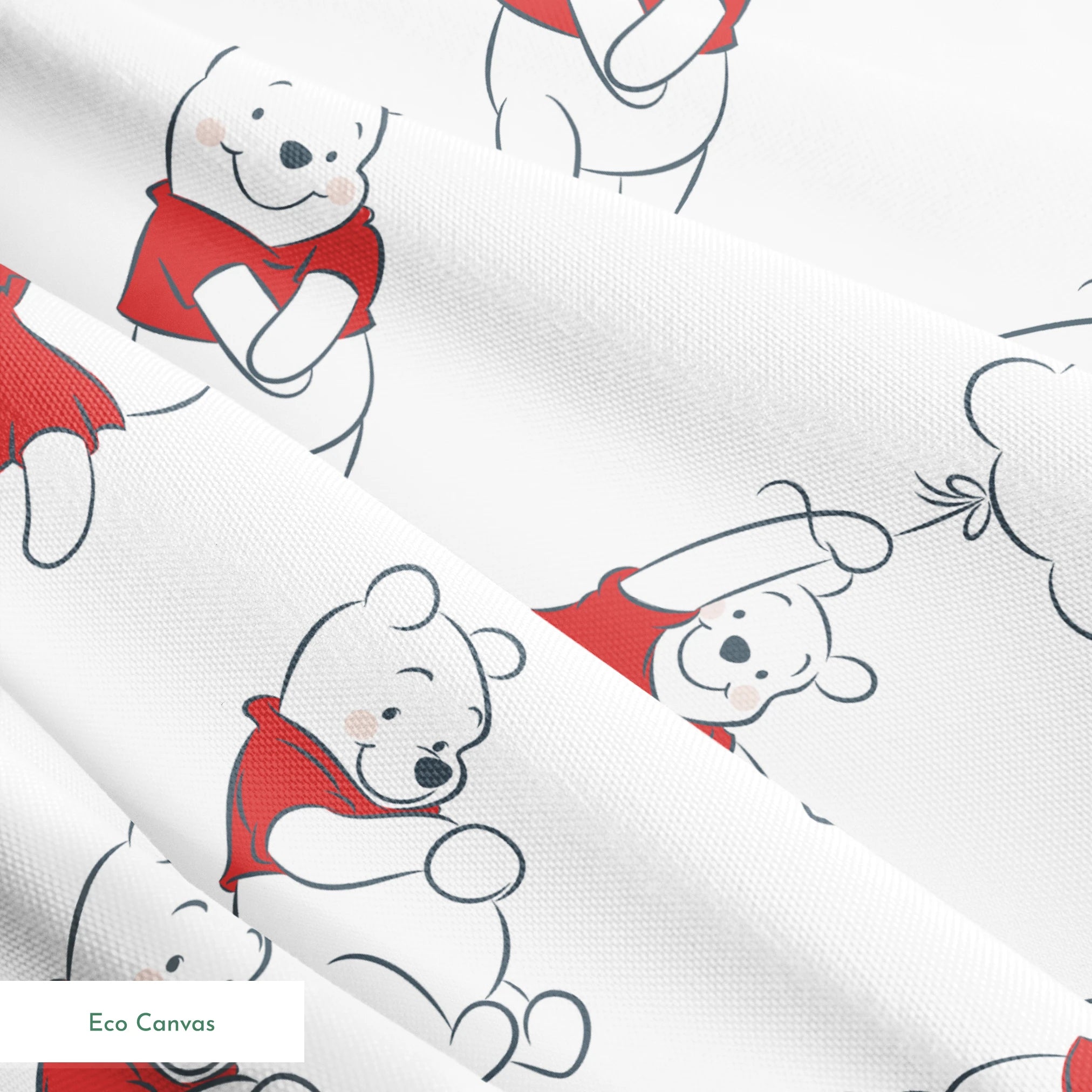 Illustration pattern of Winnie the Pooh in different poses wearing a red shirt on white background springs ecocanvas texture