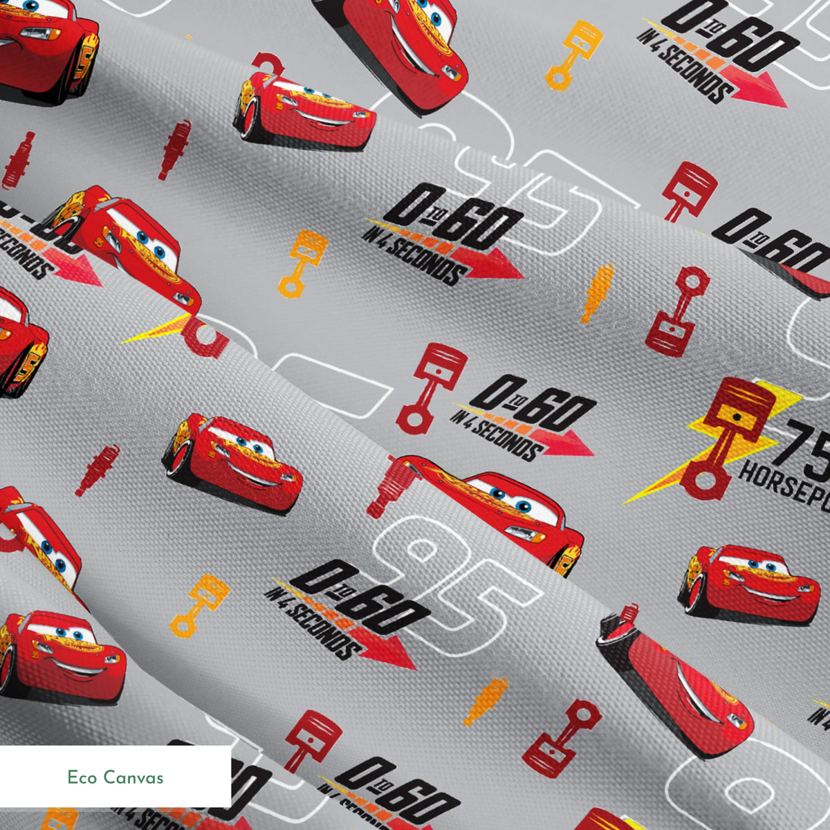 Red race cars with number 95 on gray background with racing graphics and "750 horsepower" text springs ecocanvas texture