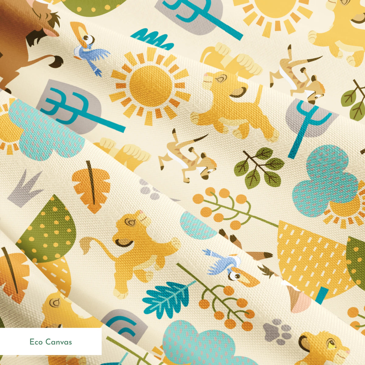 Playful Lion King pattern with brown bears, yellow puppies, blue clouds, stylized trees, and sun motifs on cream background springs ecocanvas texture