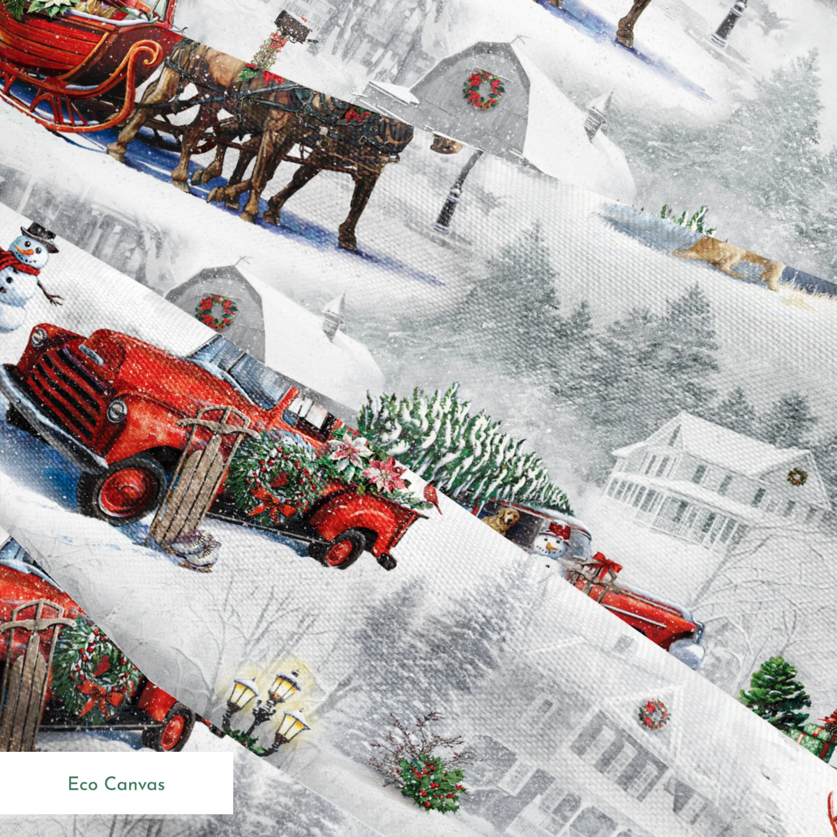 Christmas pattern with vintage red trucks, horse-drawn sleighs, and pine trees in snowy winter landscape springs ecocanvas texture