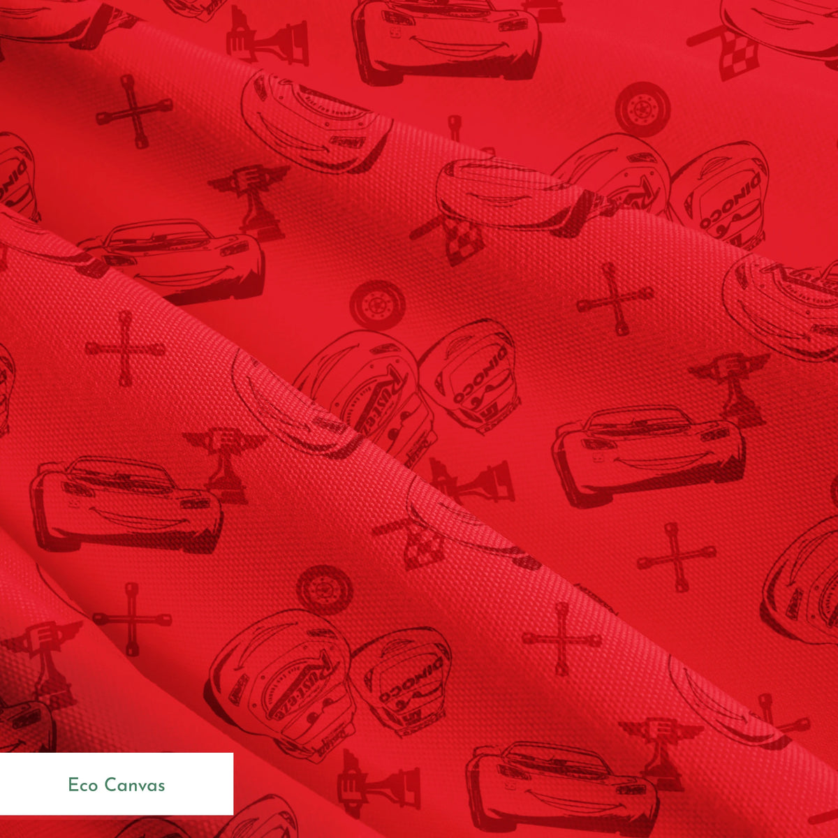 Red background with hand-drawn cartoon cars, tires, and tools in a repeating pattern springs ecocanvas texture