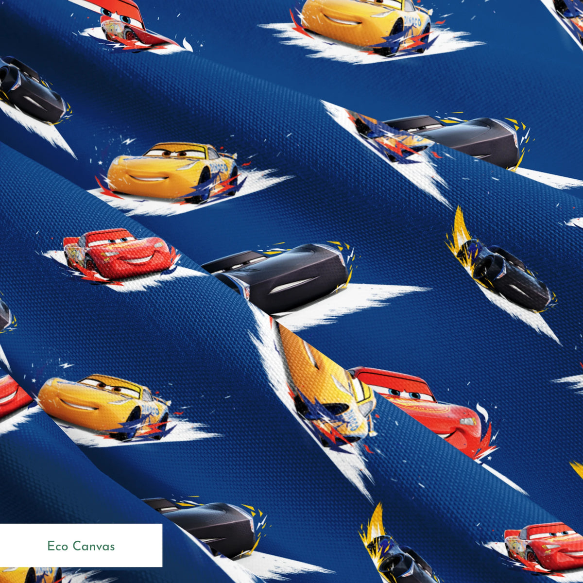 Animated race cars from Disney's Cars movie speeding across a blue background with white motion streaks springs ecocanvas texture